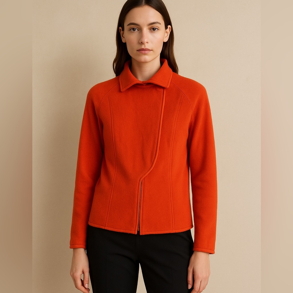 Giorgio Armani Orange Terry Cloth Cashmere & Silk Knit Full Zip Crossover Jacket